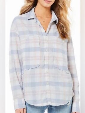 Free People Plaid Button-Down Shirt in Cream, Light Blue, Beige